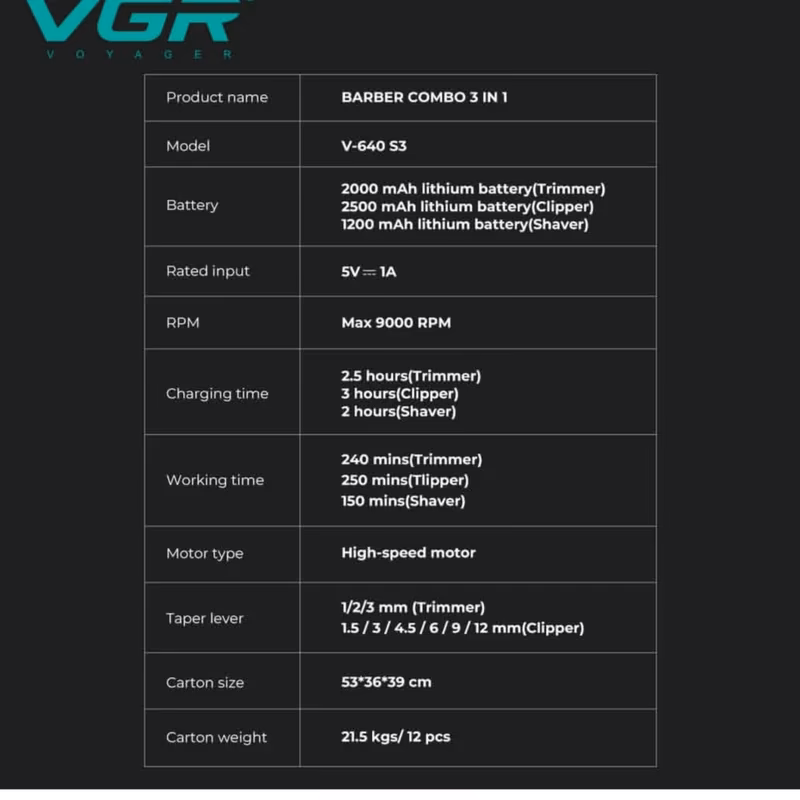 ماشین اصلاح موی سر و صورت شارژی وی جی آر مدل VGR V‑640 S3 مجموعه 3 عددی — تصویر ۶