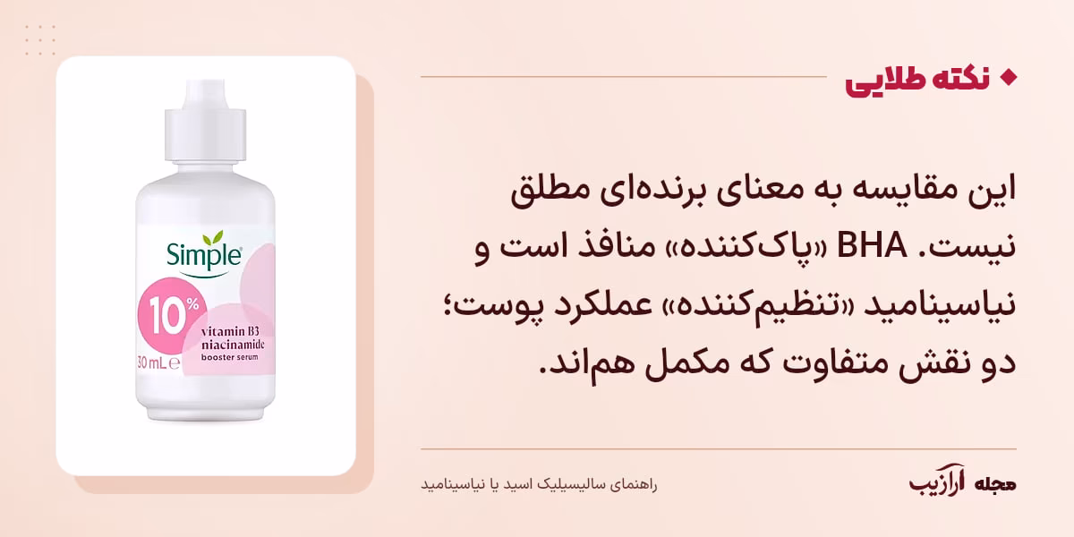 نکته طلایی سالیسیلیک اسید یا نیاسینامید: این مقایسه به معنای برندهای مطلق نیست. BHA «پاککننده» منافذ است و نیاسینامید «تنظیمکننده» عملکرد پوست؛ دو نقش متفاوت که مکمل هماند.